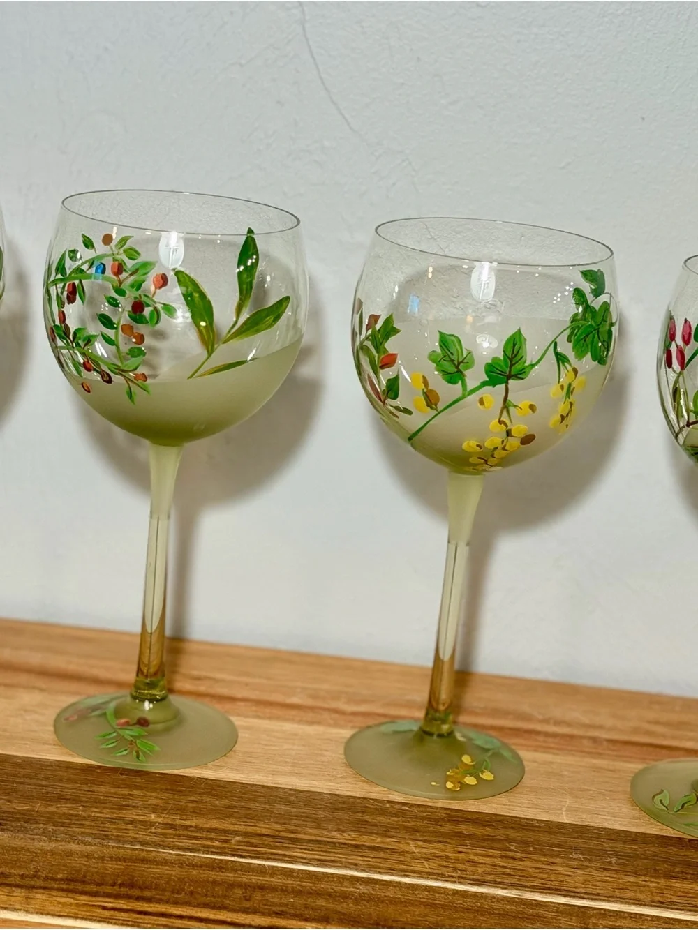 Vintage Frosted Hand-Painted Botanical Wine Glasses - Set of 4